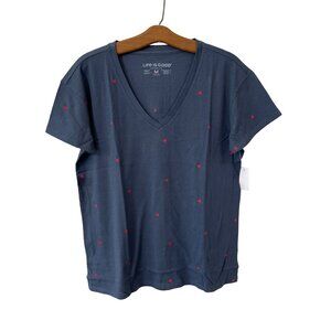 Life Is Good Crusher Lite Easy Vee T Shirt Womens M Heart Print Darkest Blue NEW